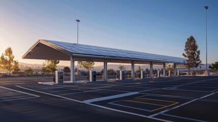 Obraz premium Solar panels on a parking lot roof during sunset providing clean energy