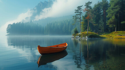 A serene mountain lake surrounded by pine forests, with a small boat peacefully gliding across the water.