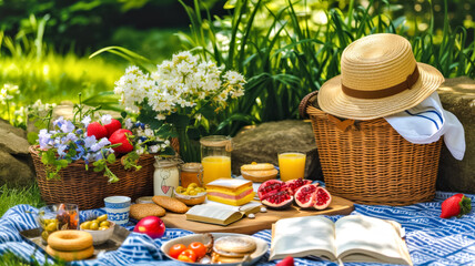 Summer Picnic scene is peaceful and relaxing in garden. A basket of food and drink, fruit and berries, book and flowers.