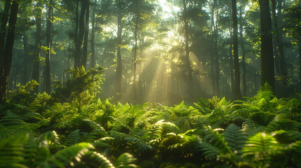 A serene forest glade with shafts of sunlight filtering through the trees onto a carpet of ferns.