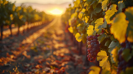 A picturesque vineyard with rows of grapevines basking in the golden sunlight of a summer afternoon.