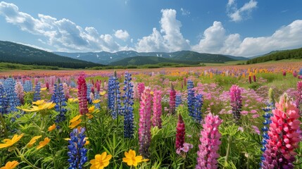 Colorful Flowers Field With Mountains