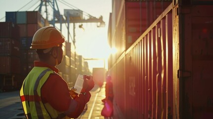 Safety inspector in bright gear examining cargo containers at sunset