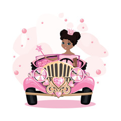 A beautiful princess driving a pink car decorated with heart-shaped jewels. Fairy tale vector illustration on abstract pink background. - 777579210