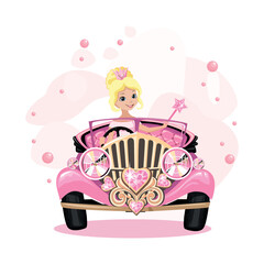 A beautiful princess driving a pink car decorated with heart-shaped jewels. Fairy tale vector illustration on abstract pink background. - 777579223