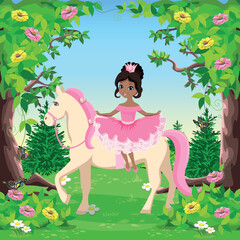 A beautiful princess riding a white horse with a pink mane walks in a fairy forest. Fairy tale vector illustration on the background of a beautiful landscape. - 777579230