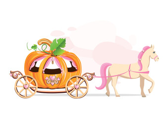 A fairytale carriage made of a pumpkin decorated with heart-shaped jewels and drawn by a white horse with a pink mane. Fairy tale vector illustration on abstract pink background. - 777579248
