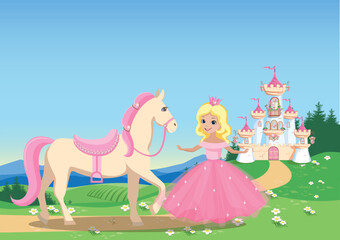 A beautiful princess walks near the castle with a white horse with a pink mane. Fairy tale vector illustration on the background of a beautiful landscape. - 777579249