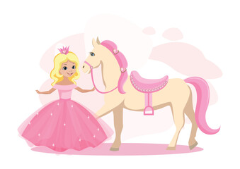 A beautiful princess walks with a white horse with a pink mane. Fairy tale vector illustration on pink abstract background. - 777579250