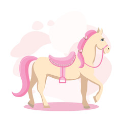 Fairy tale white horse with a pink mane with a pink saddle decorated with pink jewelry and a bridle. Fairy tale vector illustration on pink abstract background. - 777579254