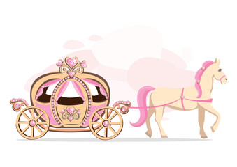 A pink carriage decorated with heart-shaped jewels and drawn by a white horse with a pink mane. Fairy tale vector illustration on abstract pink background. - 777579256
