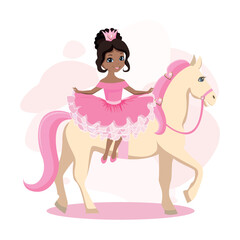 A beautiful princess riding a white horse with a pink mane. Fairy tale vector illustration on pink abstract background. - 777579257