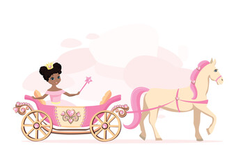 A beautiful princess in a pink carriage decorated with heart-shaped jewels and drawn by a white horse with a pink mane. Fairy tale vector illustration on abstract pink background. - 777579258