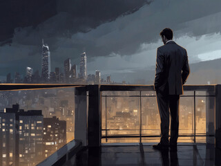 A lonely man in a modern suit stands on the balcony and looks down on the city, the man is depressed, the contrast between the bustling evening city and the man's sad mood.