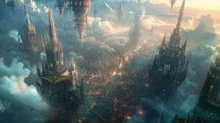 Rolgordijnen A digital illustration of a mythical cityscape, with towering spires and intricate architecture stretching towards the heavens, depicting a vision of a world  © Khalif
