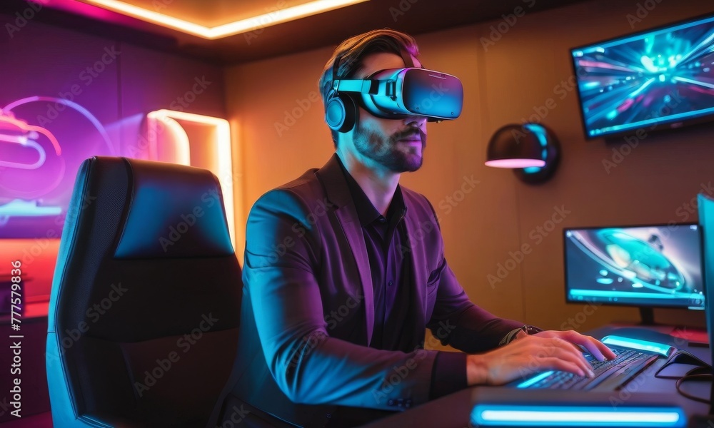 Poster a man experiences advanced entertainment technology using a vr headset in a warmly lit room. behind 