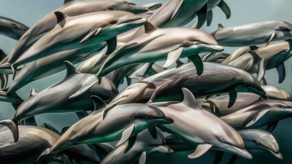 An expansive view of a pod of dolphins swimming gracefully in the ocean - obrazy, fototapety, plakaty