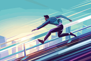 Determined businessman leaps over a hurdle on a race track, overcoming obstacles and challenges on the path to success, a concept of perseverance in business - obrazy, fototapety, plakaty
