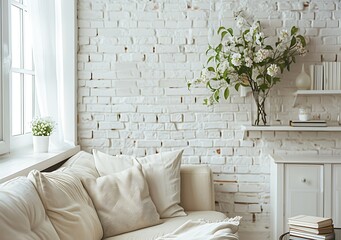 White living room interior with beige sofa, white brick wall and window