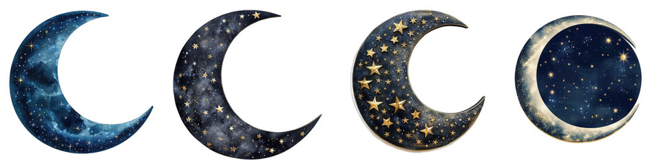 Crescent moon with stars in a night sky Hyperrealistic Highly Detailed Isolated On Transparent Background Png File - obrazy, fototapety, plakaty