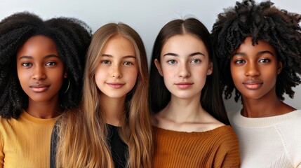 Obraz premium Four young women with different hair textures and styles are standing together