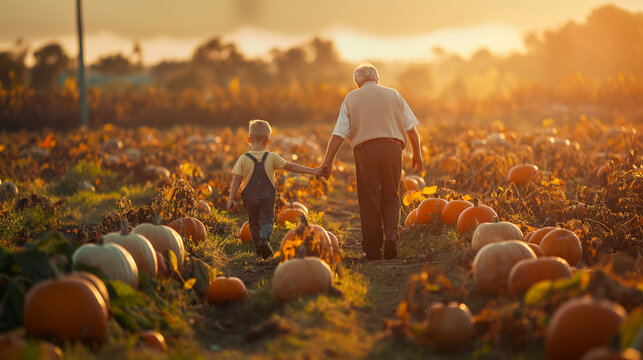grandson grandfather walking pumpkin patch field farm autumn sunset landscape sky