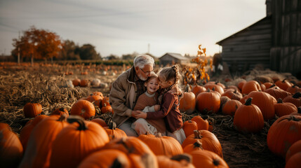 children grandfather hugging pumpkin patch field thanksgiving farm autumn fall love 