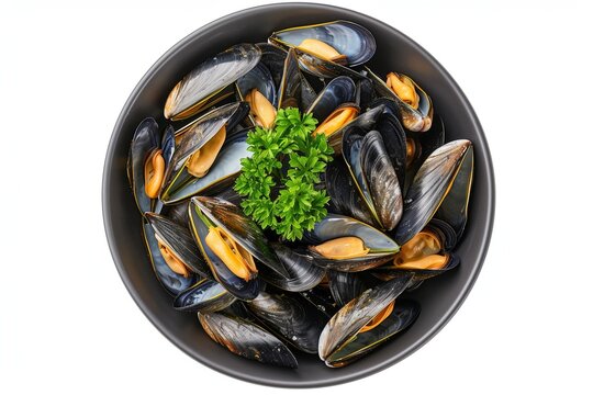 A top-down view of a white bowl filled with succulent, freshly steamed mussels with shells, showcasing their natural orange color, isolated on a white background