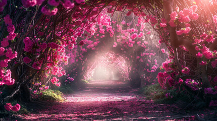 The romantic tunnel of pink flower trees.