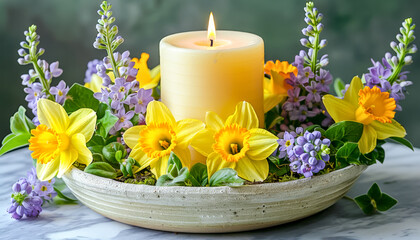 Fototapeta na wymiar Candle Centerpiece in Ceramic Bowl with Mixed Spring Flowers.Celebration spring holiday Easter, Spring Equinox day, Ostara Sabbat.