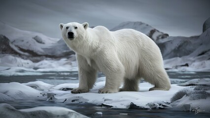 Obraz na płótnie Canvas A realistic depiction of a polar bear in an Arctic landscape, with thick fur