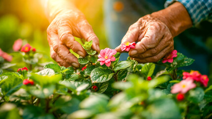 Elderly hands gently care for vibrant pink flowers in a lush garden, symbolizing nurturing and the beauty of age