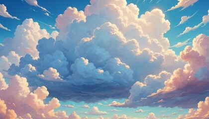 A vibrant illustration of fluffy clouds illuminated by rays of sunlight against a pastel blue sky, evoking a sense of calm and inspiration