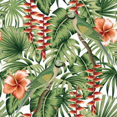 Tropical vintage palm leaves, green parrot, exotic flower seamless pattern white background. Exotic jungle floral wallpaper.
