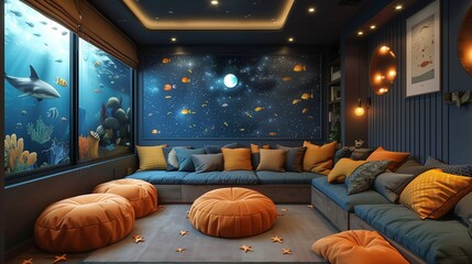 Obraz premium In a dimly lit children's room, projections dance on walls amid summer-themed decorations