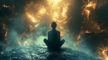 Fototapeta premium Person sitting in lotus position, meditation, inner peace, bliss, harmonious state of mind concept