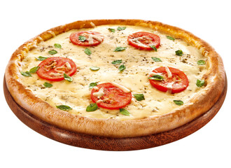 pizza de queijo, tomate e manjericão sobre prato de madeira isolado em fundo transparente - pizza...