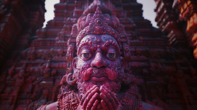 Trippy violet colored stone statue of a brahmin or god