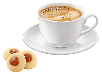 xícara com café expresso fresco acompanhado de biscoito de goiaba isolado em fundo transparente