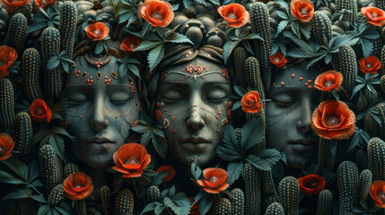 Three fantastic, surreal, psychedelic deities with herbal and floral motifs - obrazy, fototapety, plakaty