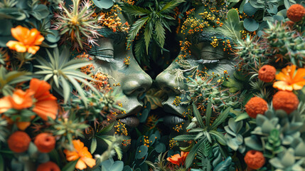 Two fantastic, surreal, psychedelic deities with herbs and flowers - obrazy, fototapety, plakaty