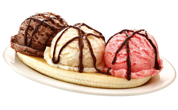 ta&ccedil;a com banana split acompanhado de sorvete de creme, sorvete de chocolate e sorvete de creme isolado em fundo transparente