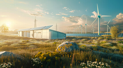 Modern hydrogen energy storage system accompanied by large solar power plant and wind turbine park in sunny summer afternoon light with blue sky and scattered clouds - Powered by Adobe