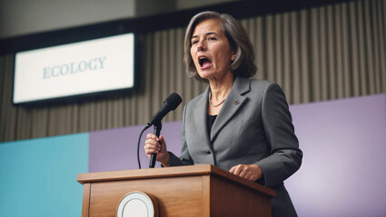 Woman in suit shouts into microphones behind lectern from podium, appeals for ecology
