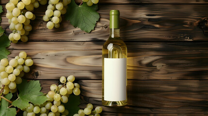 Fototapeta premium bottle of white wine with a bunch of white grapes on a wooden background with space for text