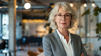 Fototapeta premium Portrait of a professional woman in a suit standing in a modern office. Mature business woman looking at the camera in a workplace meeting area