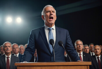 Elderly male politician in suit shouting from lectern into microphones, in background behind him many men are sitting