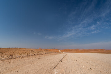 Straße ins nirgendwo im Namib-Naukluft Nationalpark, unendliche Weite, alleine und einsam - obrazy, fototapety, plakaty
