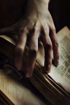 A hand is holding an open book with a dark background