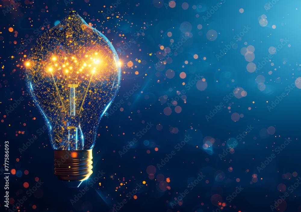 Poster abstract light bulb made of glowing particles on blue background with copy space, digital technology